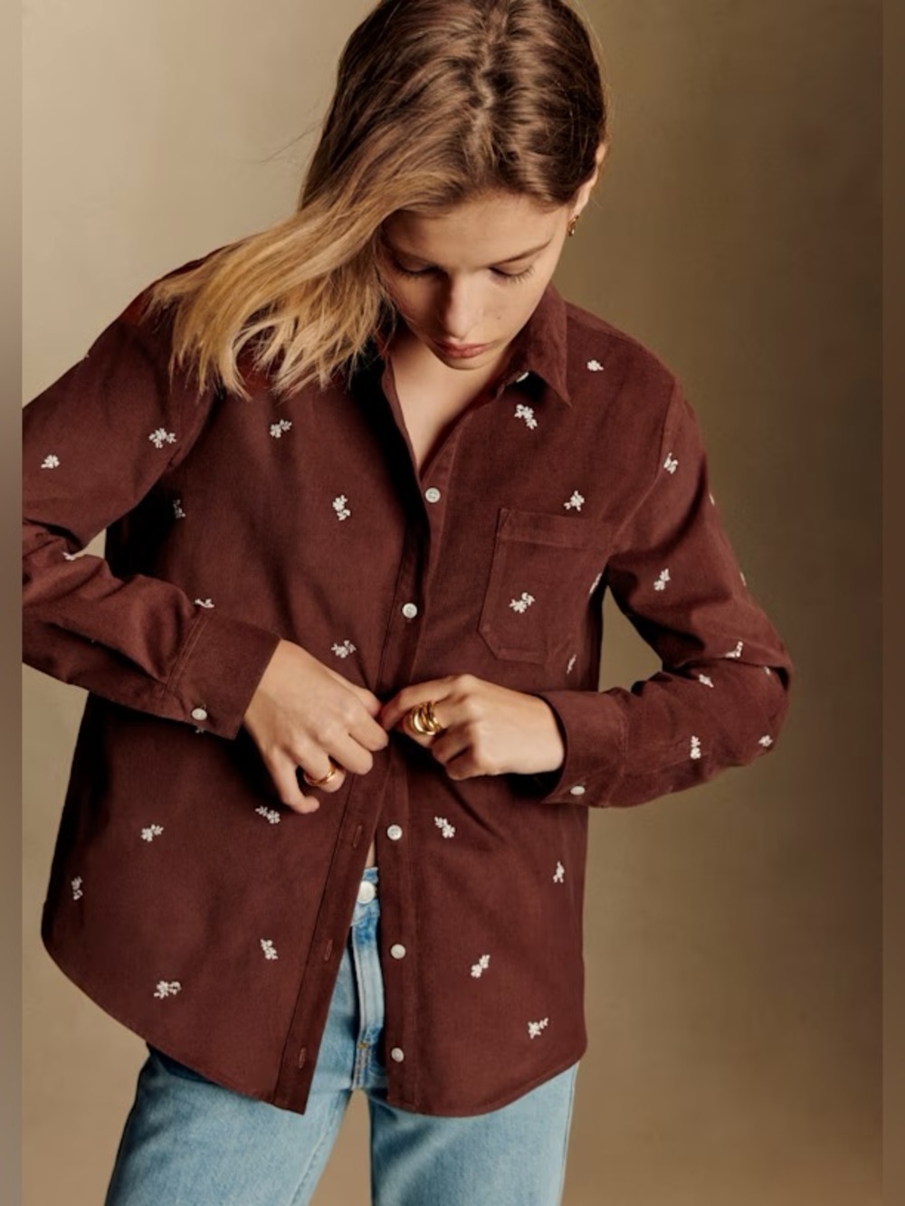 Sezane Tomboy Brown Floral-Print Button-Up Shirt Size 4 Small
